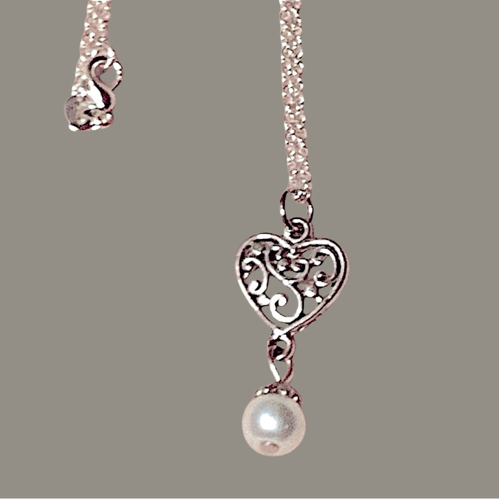 Handcrafted Silver Scrollwork Heart Pendant & Drop Faux Pearl Necklace Valentine